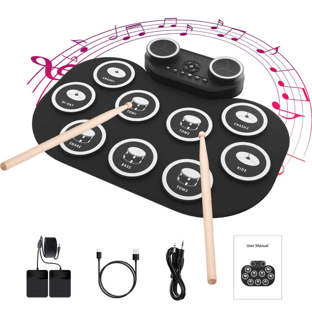 Roll-up electronic drum kit with 9 silicone pads, pedals and sticks - best electronic drum set for beginners