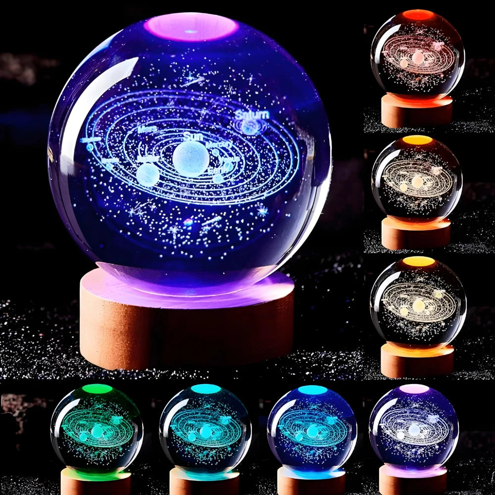 Galaxy Crystal Ball LED Lamp, Solar System with Earth and Moon, Wooden Base, 6 cm (2.36 in), USB