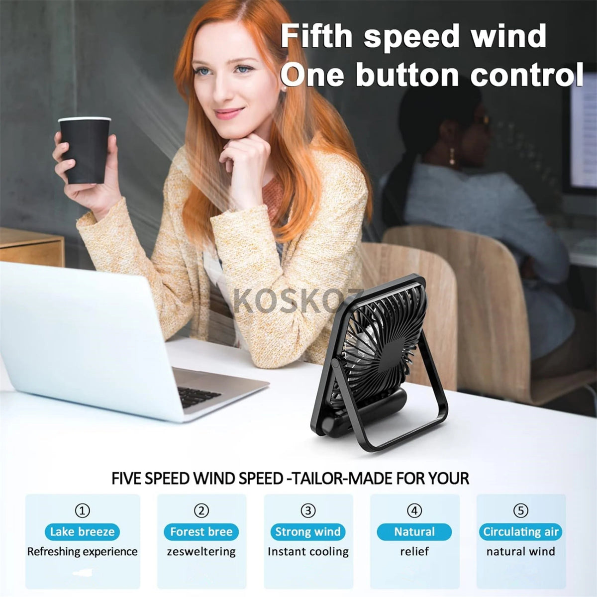 USB Rechargeable Portable Desk Fan — 180° Foldable Personal Table Fan, 5-Speed Quiet Fan with Battery Power Display