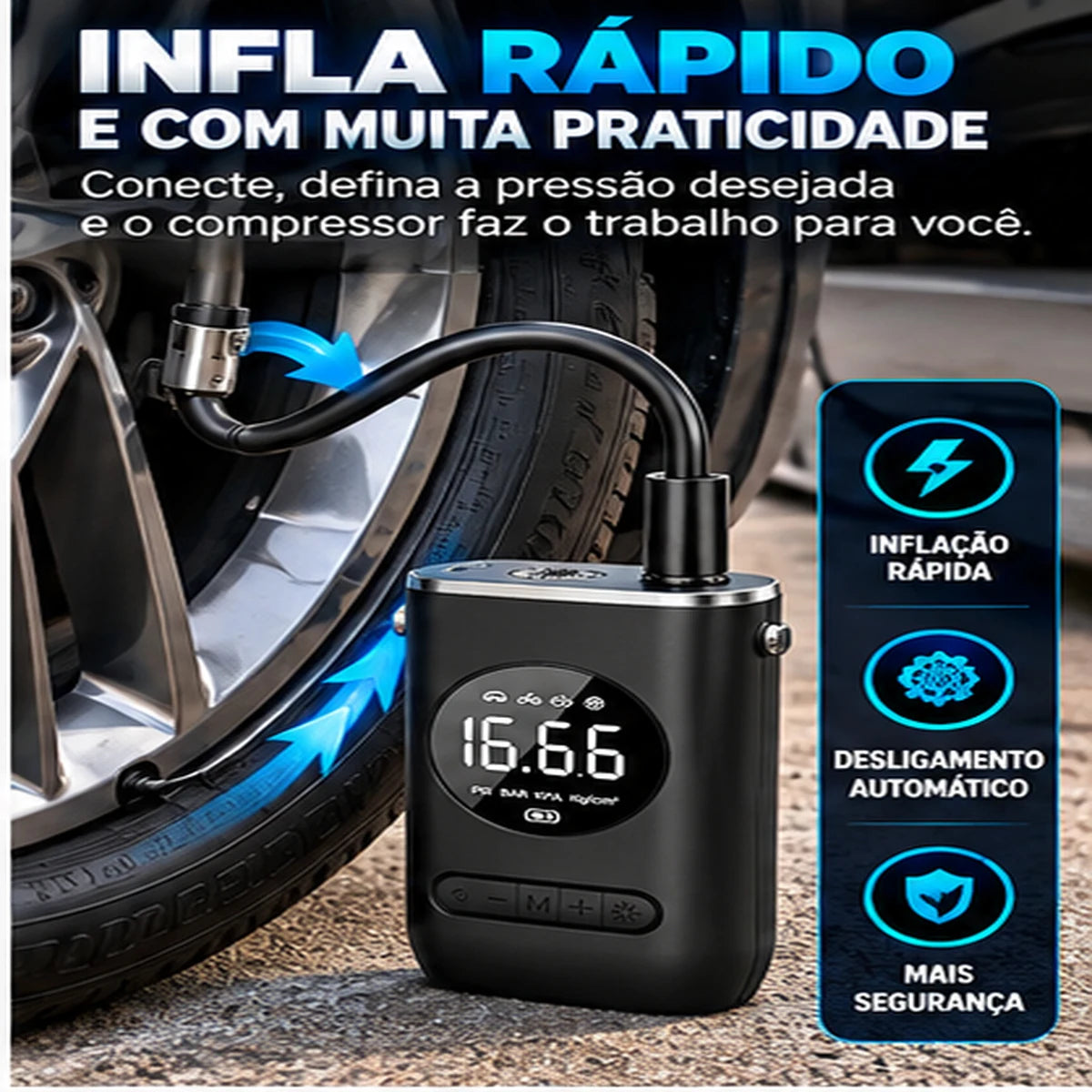 Portable Digital Tire Inflator 4000mAh — Wireless Air Compressor for Car, Bike & Motorcycle with Digital Display, USB-C Fast Charge & Built-in Flashlight