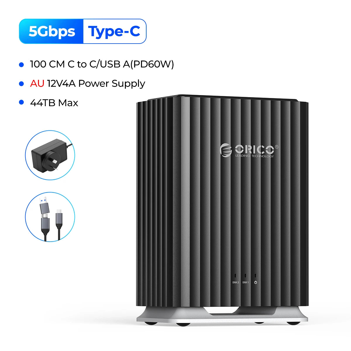 2-Bay 3.5-inch Type-C HDD Enclosure USB 3.1 Gen1 5Gbps UASP Magnetic Docking Station (12V 4A)