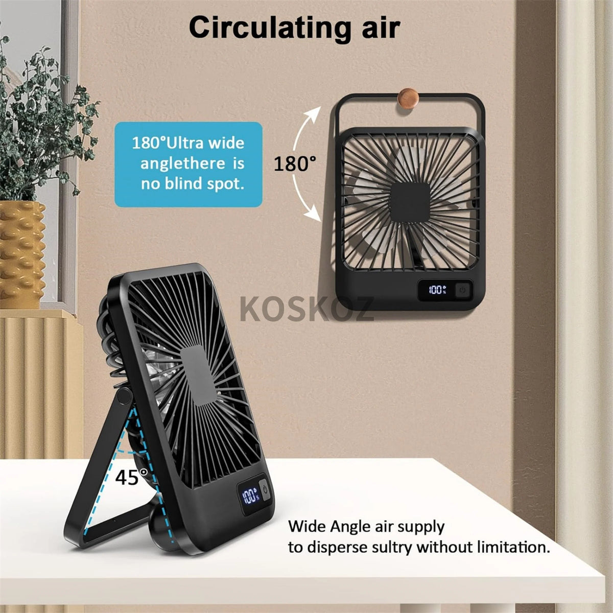 USB Rechargeable Portable Desk Fan — 180° Foldable Personal Table Fan, 5-Speed Quiet Fan with Battery Power Display