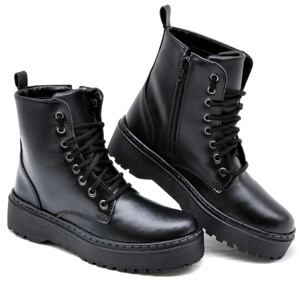 Women's Military-Inspired Lace-Up Ankle Boots with Side Zipper — Low Platform 1.2–2 in (3–5 cm), Rubber Sole, Round Toe