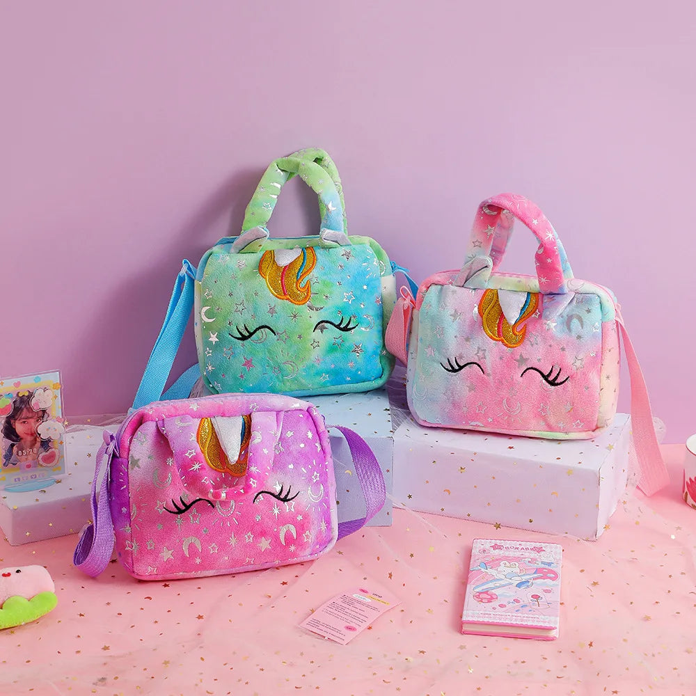 Plush Unicorn Tie-Dye Crossbody Bag for Girls Cute Shoulder Satchel