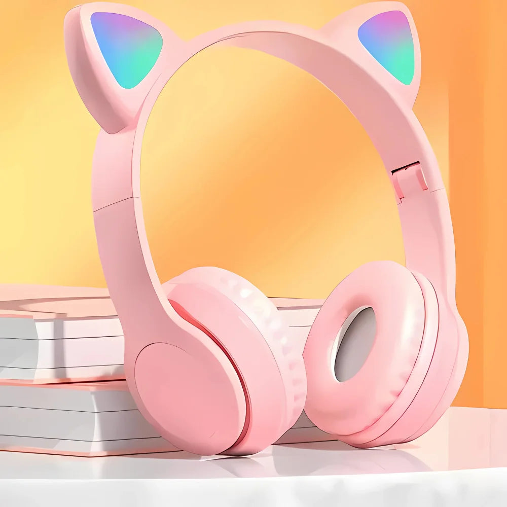Bluetooth Cat Ear Headphones with LED Lights, Wireless & Wired Headset with Mic and SD Card Slot