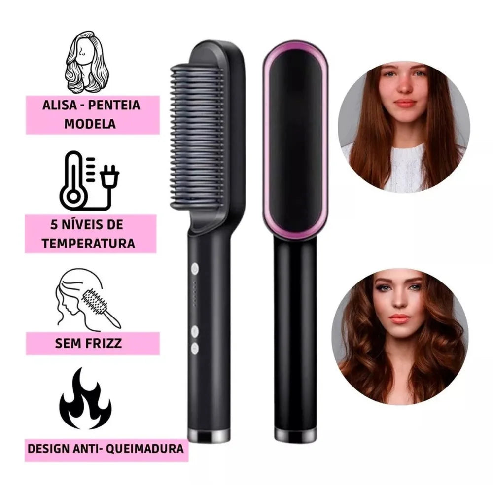 3-in-1 Heated Electric Hair Brush – Straightener & Styler, Ceramic Bristles, 110-220V Bivolt