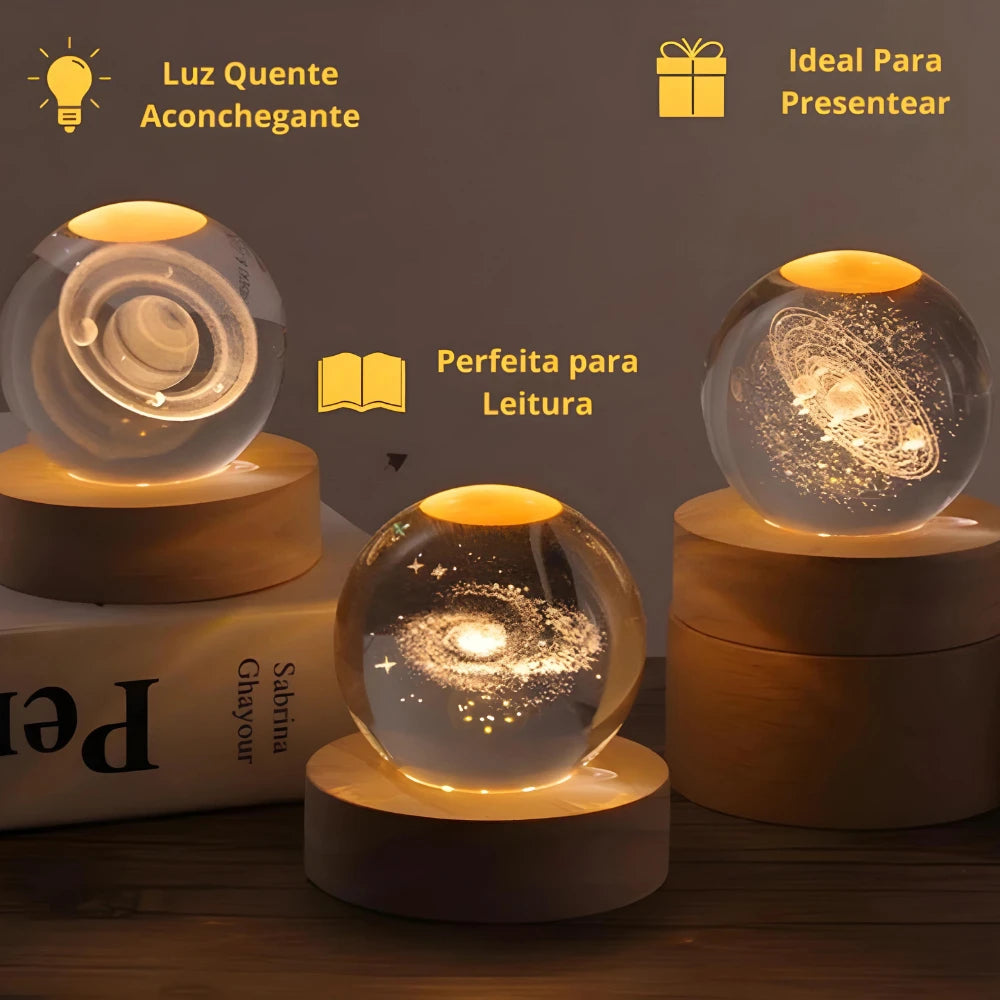 Galaxy Crystal Ball LED Table Lamp with Wooden USB Base 2.36 in (6 cm) 3D Solar System Night Light