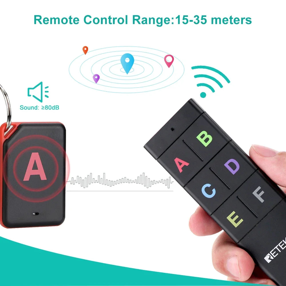 Wireless RF Key Finder — Remote Item Locator 1 Transmitter + 6 Receivers, Up to 40m (131 ft), Key Rings & Adhesive