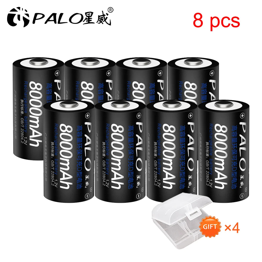 Rechargeable D Size Battery 1.2V Ni-MH 8000mAh 1-8 Pack (LR20/R20)