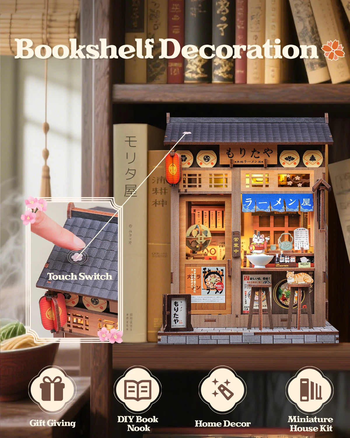 240-Piece Japanese Ramen Shop Book Nook Kit DIY Miniature Wooden Dollhouse 3D Bookshelf Decor Gift