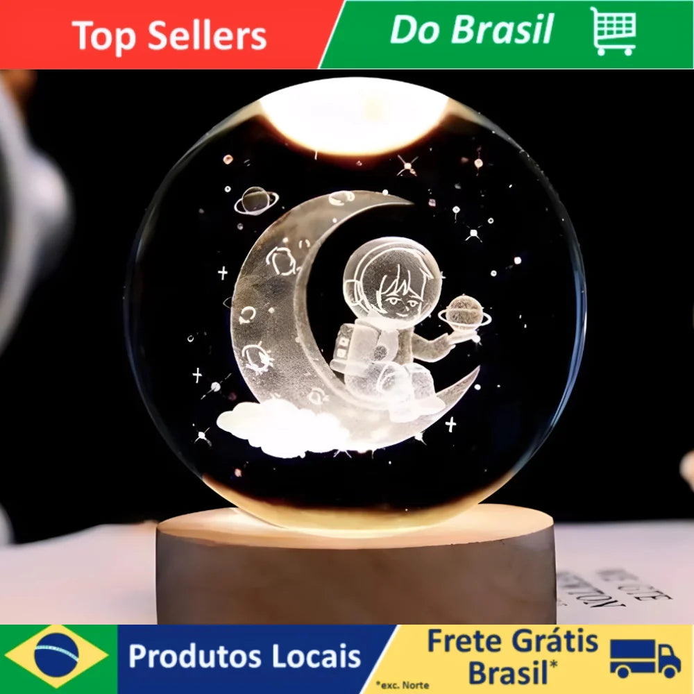 Galaxy Crystal Ball LED Lamp, Solar System with Earth and Moon, Wooden Base, 6 cm (2.36 in), USB