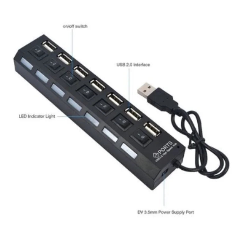 7-Port USB 2.0 Hub with LED Indicator for PC & Laptop