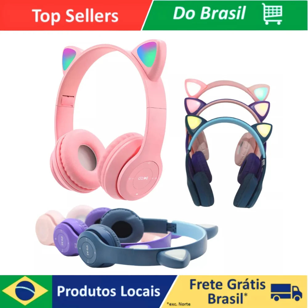 Bluetooth Cat Ear Headphones with LED Lights, Wireless & Wired Headset with Mic and SD Card Slot
