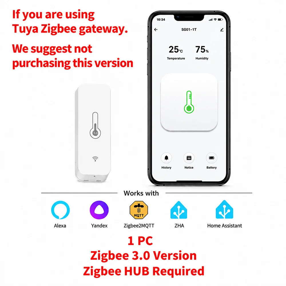 Zigbee 3.0 Temperature and Humidity Sensor Smart Thermometer Hygrometer for Home Assistant, Zigbee2MQTT, Alexa, Tuya