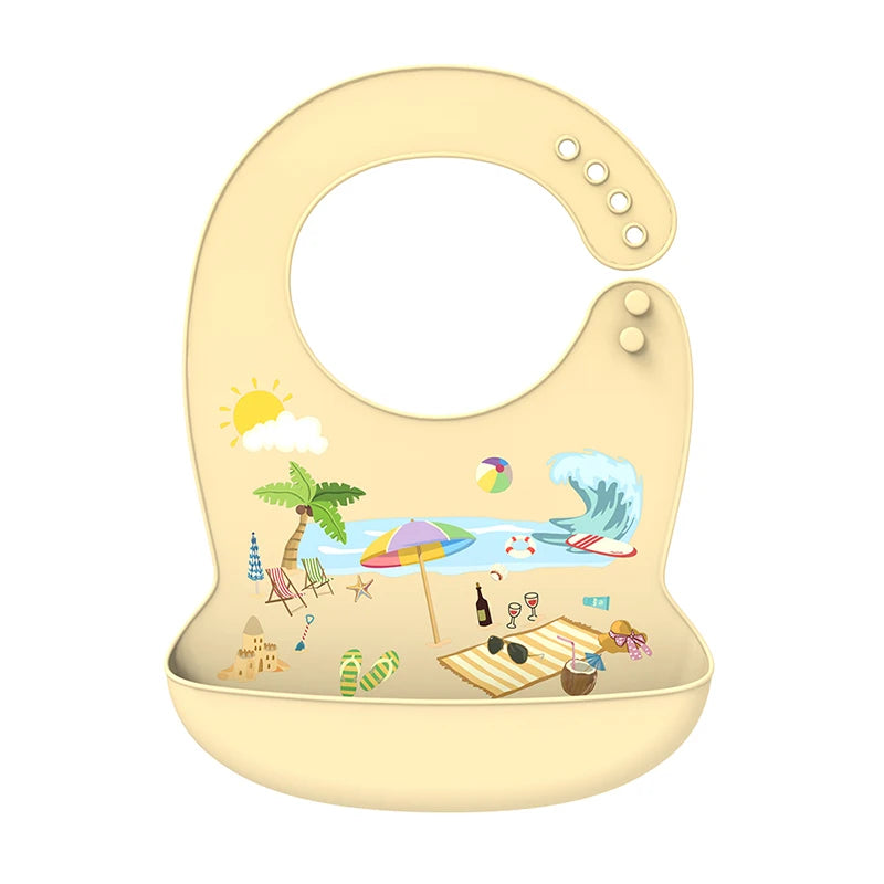 Silicone Baby Bib Waterproof Adjustable Cartoon Banana Feeding Bib with Pocket BPA-Free for 1-3 Years