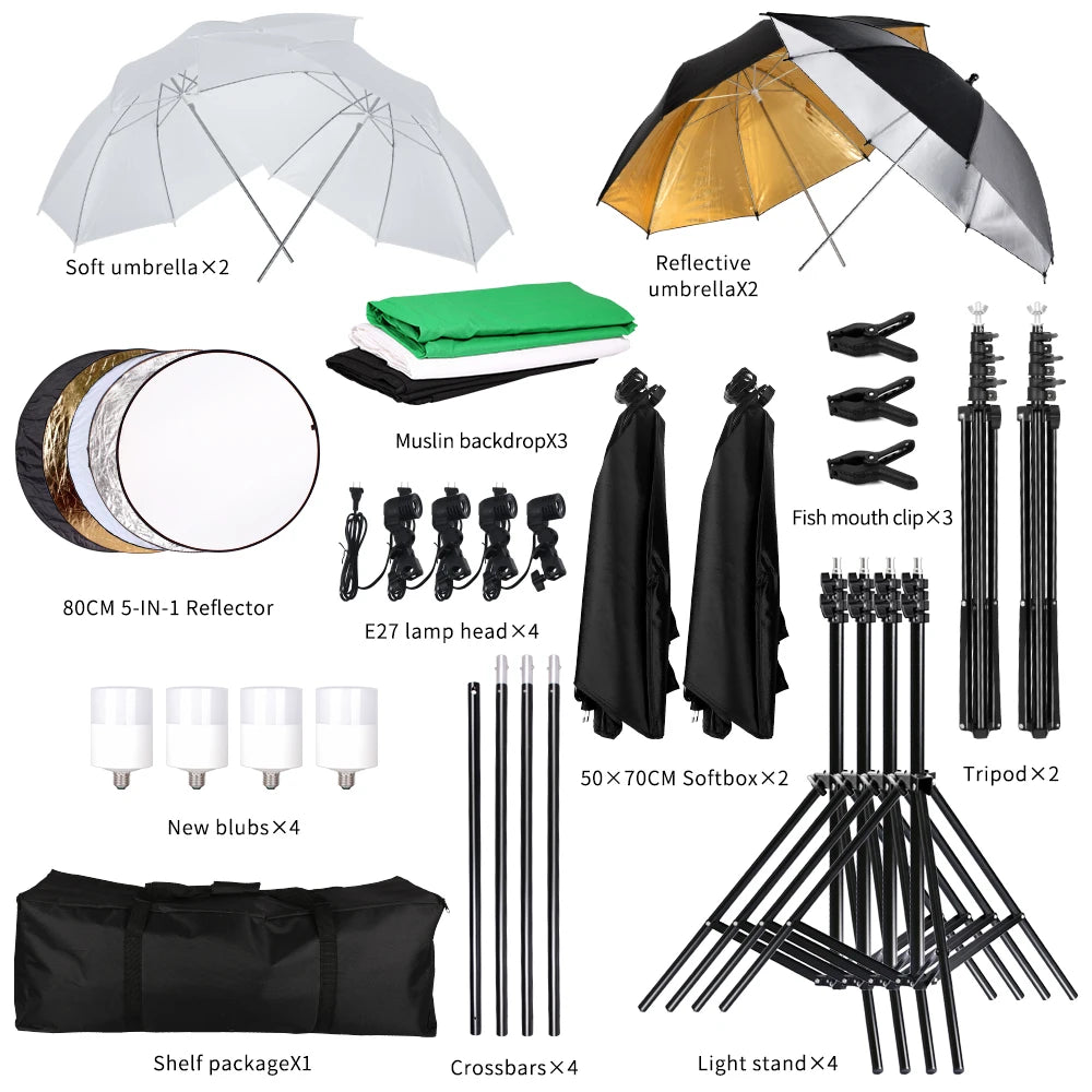 Photography Lighting Kit Softbox Umbrellas 33in/84cm 50x70cm Backdrops Light Stands Portable Photo Studio