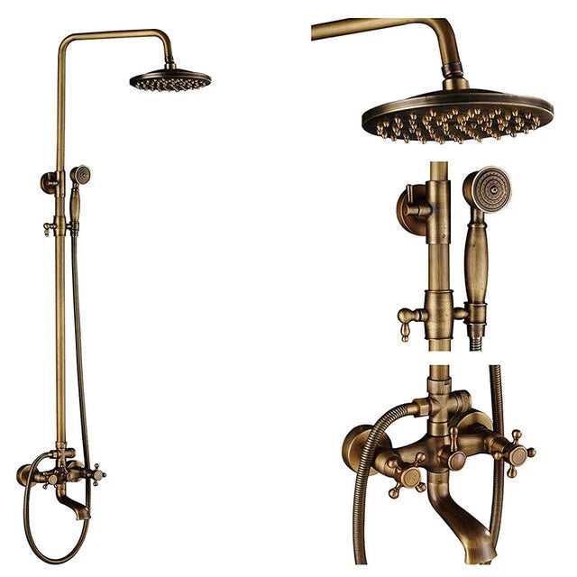 Antique Brass Wall-Mounted Rainfall Shower Set with 8-Inch Shower Head, Handheld & Shelf - Dual Handle Mixer Tap