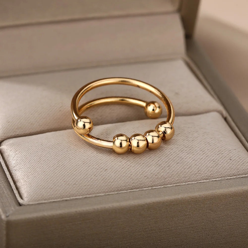 Adjustable Stainless Steel Spinner Ring for Women, Bead Fidget Open Rotating Anti-Stress Ring