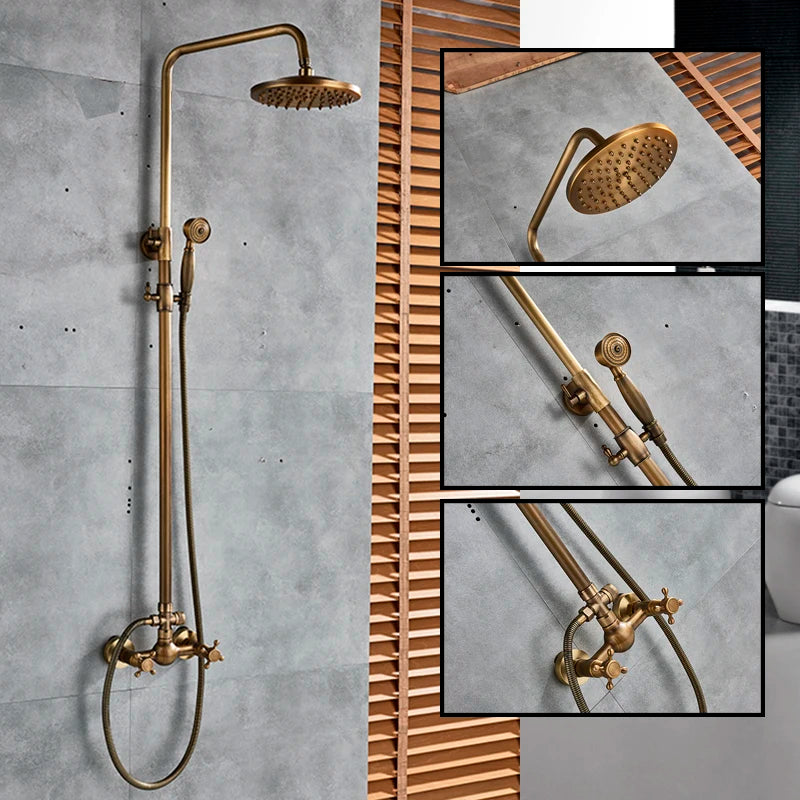 Antique Brass Wall-Mounted Rainfall Shower Set with 8-Inch Shower Head, Handheld & Shelf - Dual Handle Mixer Tap