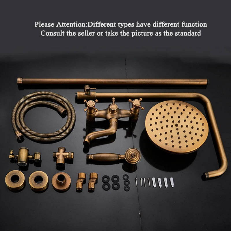 Antique Brass Wall-Mount Shower System with 8-inch (20 cm) Rainfall Head & Hand Shower, Adjustable 27.5–47.2 in (70–120 cm)