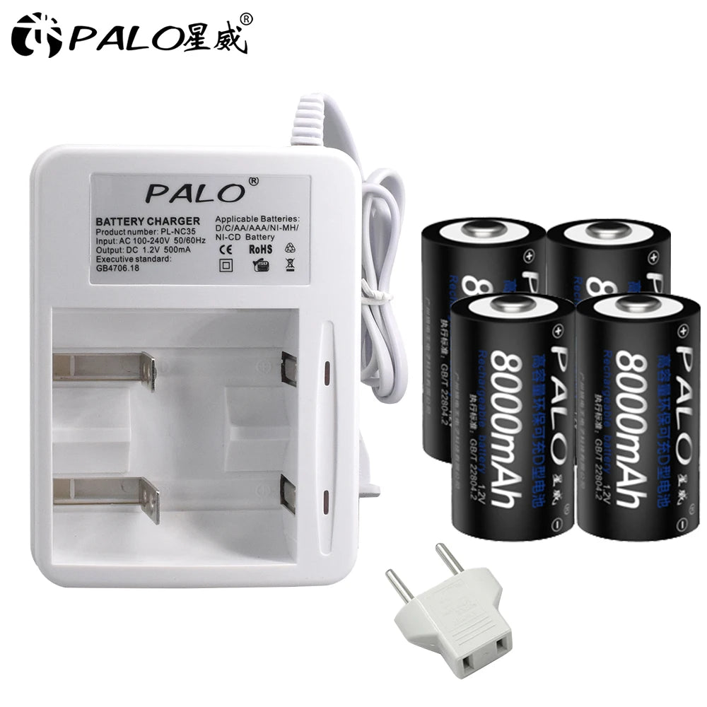 Rechargeable D Size Battery 1.2V Ni-MH 8000mAh 1-8 Pack (LR20/R20)