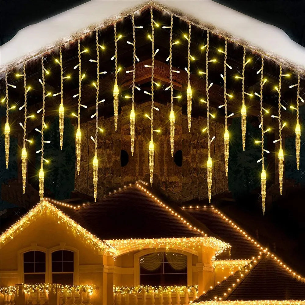 LED Christmas Icicle Curtain Lights – Waterproof Outdoor Festoon, 3.5–5m (11.5–16.4 ft), White/Blue/Multi/Warm White, Steady or 8-Mode Controller
