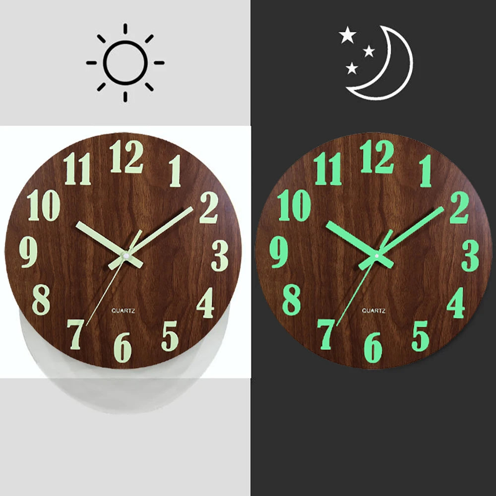 12-Inch (30 cm) Luminous Wooden Wall Clock - Silent Non-Ticking Nordic Night Light