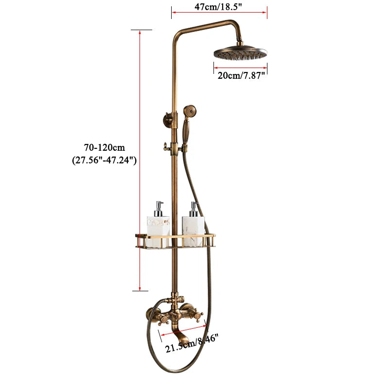 Antique Brass Wall-Mount Shower System with 8-inch (20 cm) Rainfall Head & Hand Shower, Adjustable 27.5–47.2 in (70–120 cm)