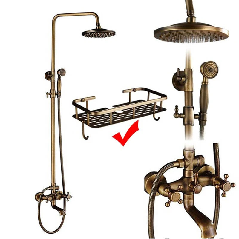 Antique Brass Wall-Mount Shower System with 8-inch (20 cm) Rainfall Head & Hand Shower, Adjustable 27.5–47.2 in (70–120 cm)