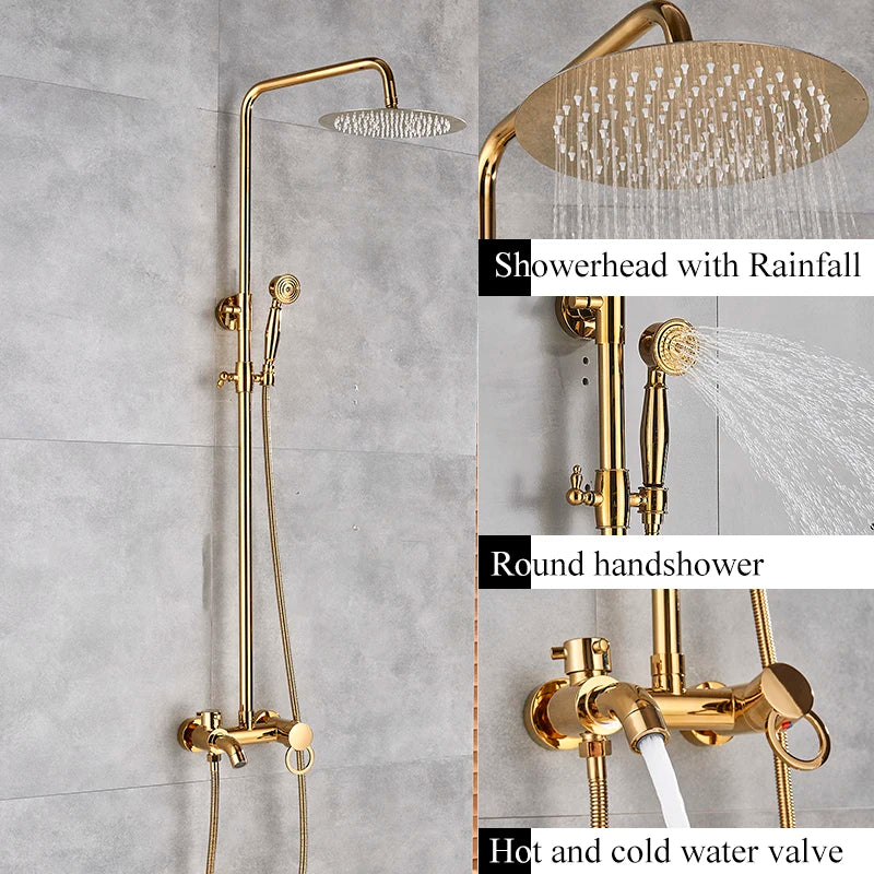 Antique Brass Wall-Mounted Rainfall Shower Set with 8-Inch Shower Head, Handheld & Shelf - Dual Handle Mixer Tap