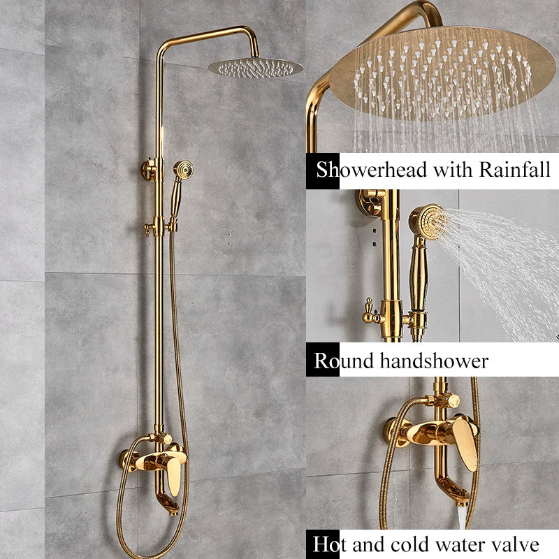 Antique Brass Wall-Mounted Rainfall Shower Set with 8-Inch Shower Head, Handheld & Shelf - Dual Handle Mixer Tap