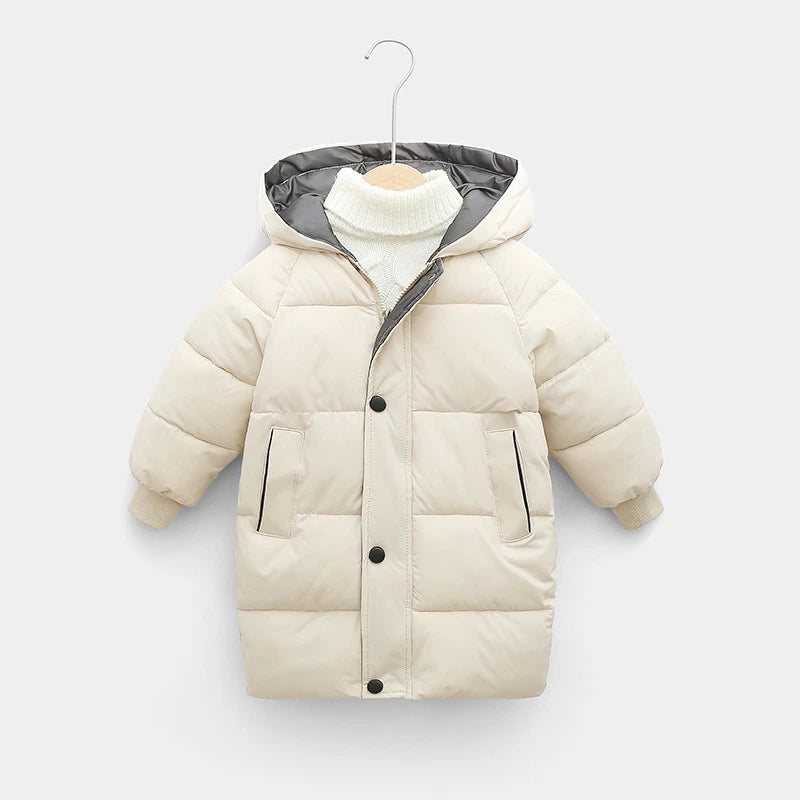 Kids Hooded Long Down Parka Coat - Warm Zippered Winter Jacket for Boys & Girls
