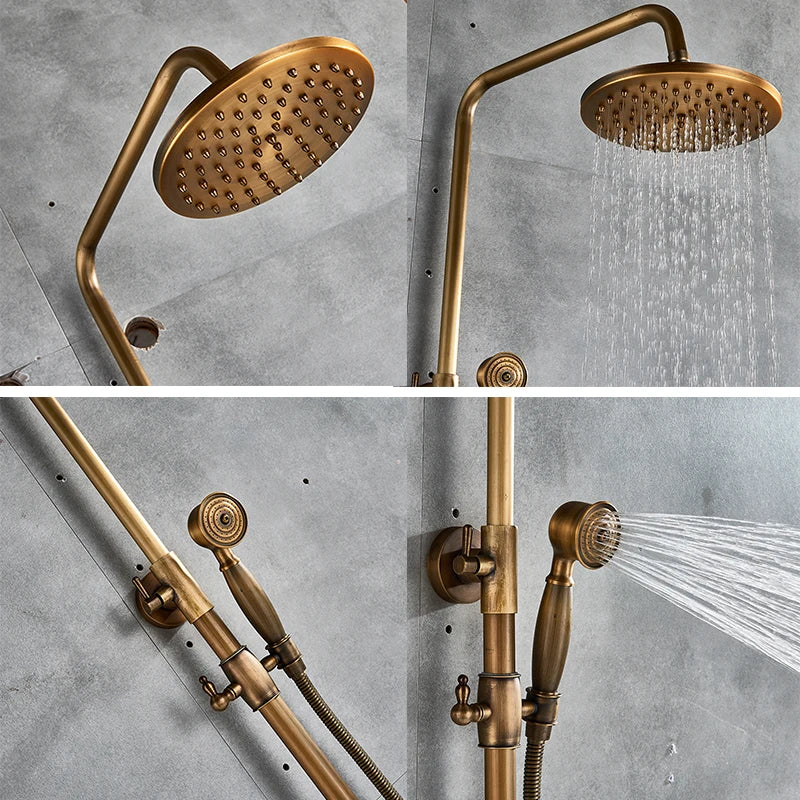 Antique Brass Wall-Mounted Rainfall Shower Set with 8-Inch Shower Head, Handheld & Shelf - Dual Handle Mixer Tap