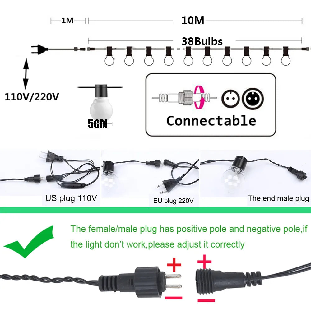 LED Globe String Lights 6m/10m (20/38 Bulbs) Waterproof Outdoor White/Warm White - Wedding Party Garden Christmas