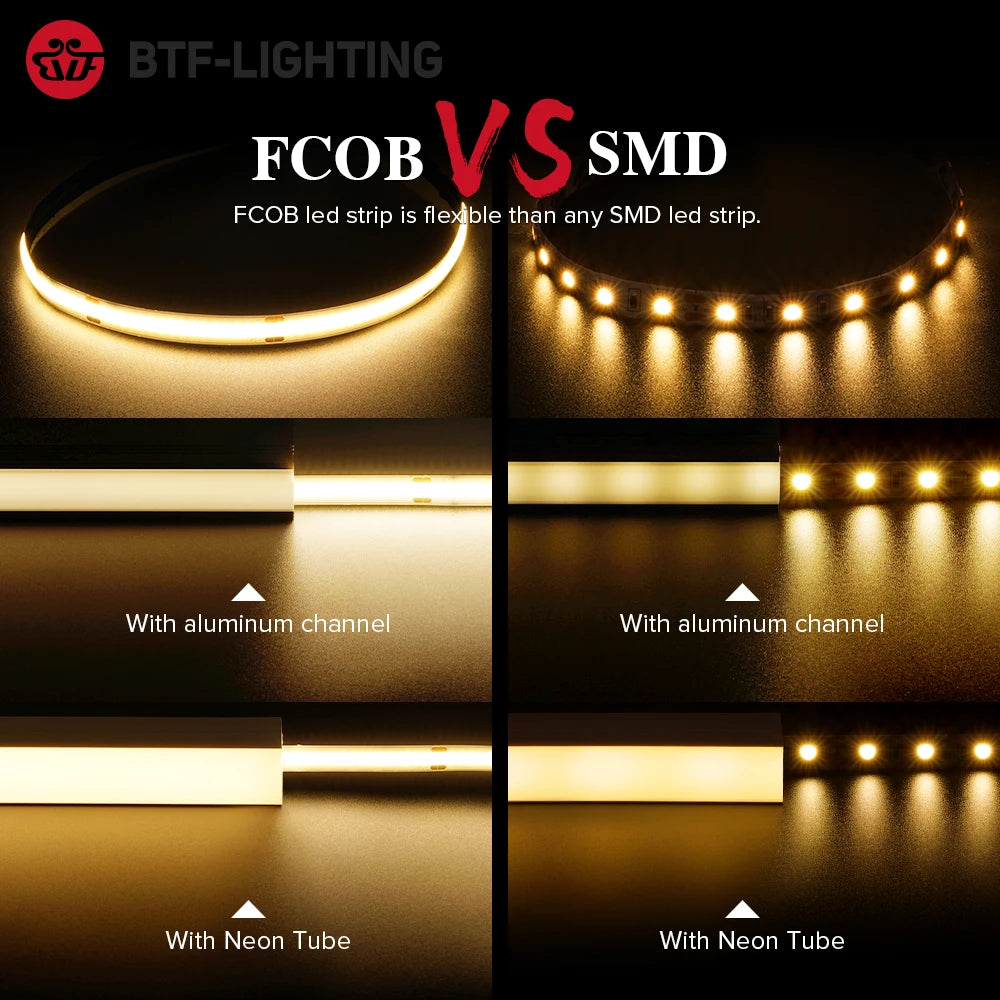 FCOB COB LED Strip Light 336/480/528 LEDs/m CRI90 Dimmable 12V/24V Warm/Natural/Cool White