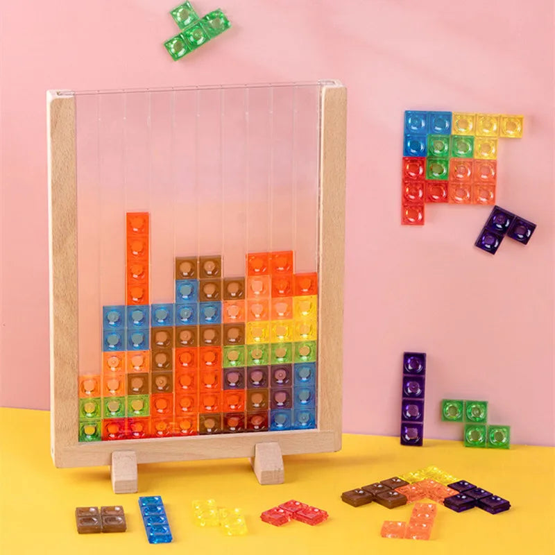 3D Tetris Wooden Building Blocks Puzzle - Colorful Tangram Brain Teaser STEM Montessori Toy for Kids Ages 3+