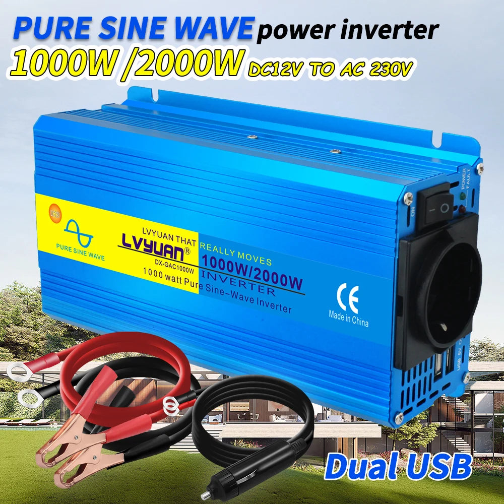2000W Peak / 1000W Continuous Pure Sine Wave Power Inverter DC 12V/24V to 220–240V AC – EU/Universal Socket & USB