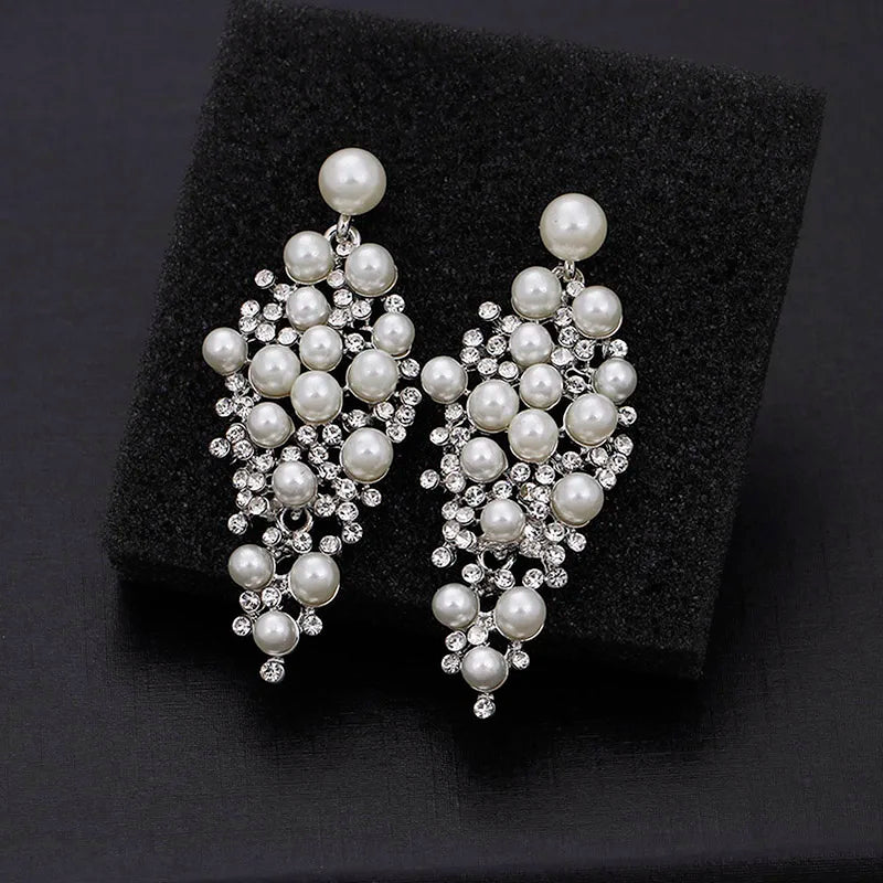 Gold Bridal Drop Earrings with Simulated Pearls & Crystal Rhinestones — 6 cm (2.36 in) Dangle Statement Earrings for Wedding & Bridesmaids