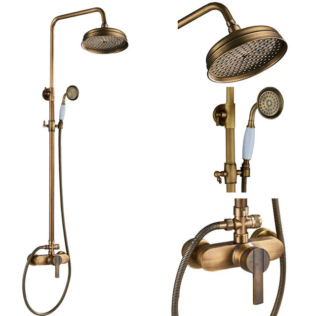 Antique Brass Wall-Mounted Rainfall Shower Set with 8-Inch Shower Head, Handheld & Shelf - Dual Handle Mixer Tap