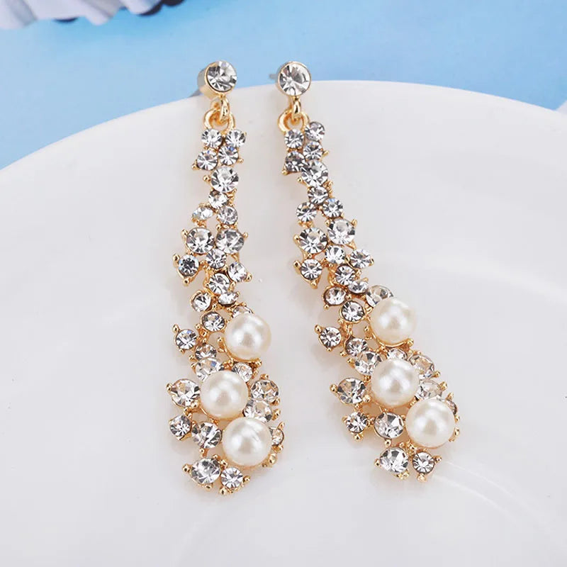 Gold Bridal Drop Earrings with Simulated Pearls & Crystal Rhinestones — 6 cm (2.36 in) Dangle Statement Earrings for Wedding & Bridesmaids