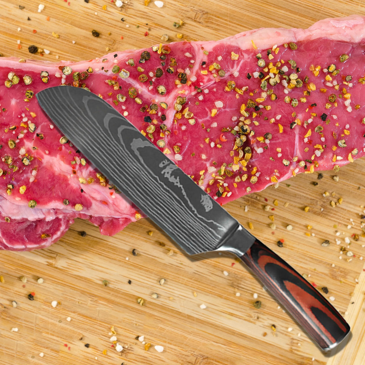 Chef Knife Set 1-10 Pc - Laser Damascus Pattern Japanese Santoku, Cleaver, Slicing and Utility Knives