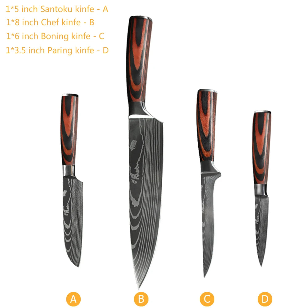 Chef Knife Set 1-10 Pc - Laser Damascus Pattern Japanese Santoku, Cleaver, Slicing and Utility Knives