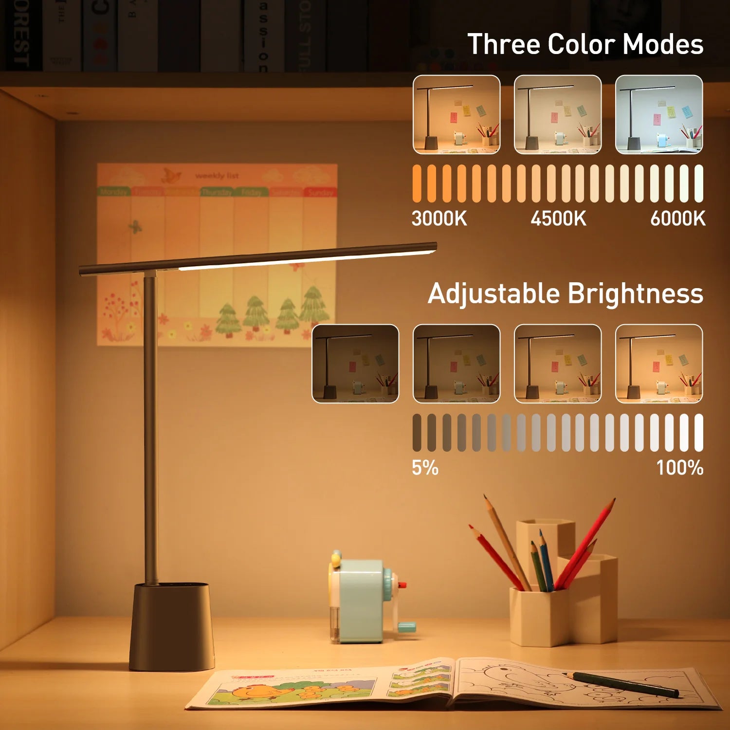 LED Eye-Protection Desk Lamp, Dimmable Foldable Rechargeable Touch Table Lamp with Adaptive Brightness for Office & Bedside Reading