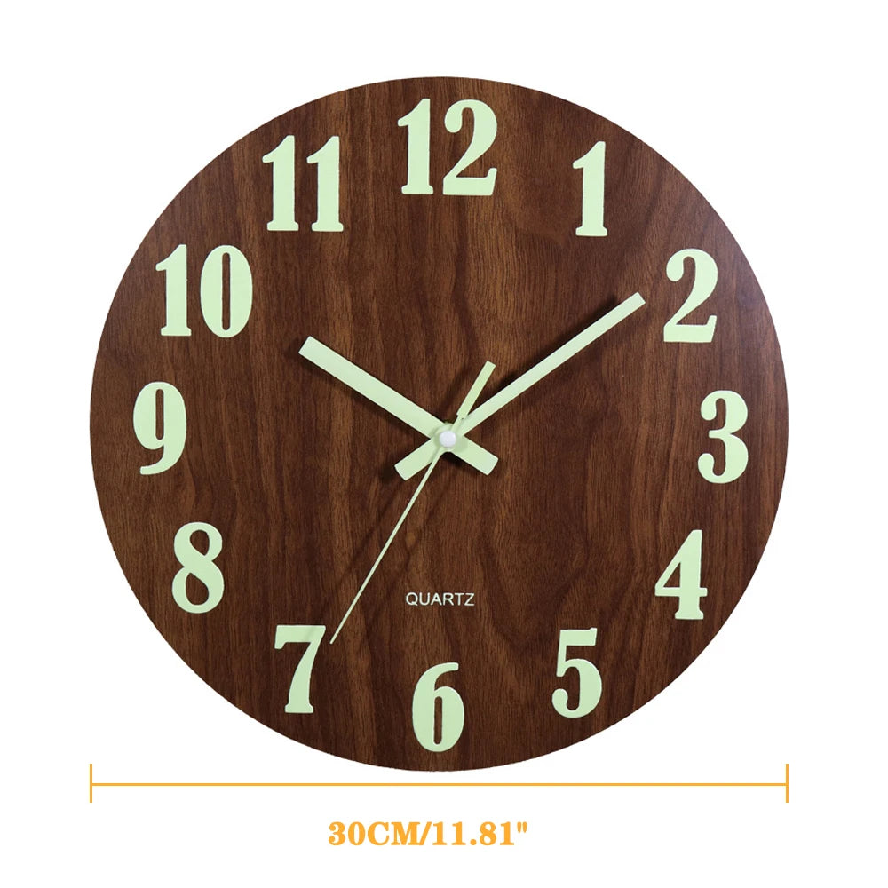 12-Inch (30 cm) Luminous Wooden Wall Clock - Silent Non-Ticking Nordic Night Light