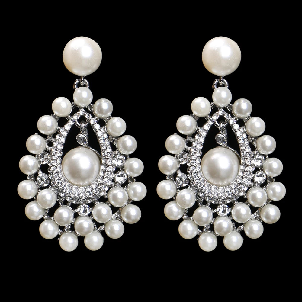 Gold Bridal Drop Earrings with Simulated Pearls & Crystal Rhinestones — 6 cm (2.36 in) Dangle Statement Earrings for Wedding & Bridesmaids