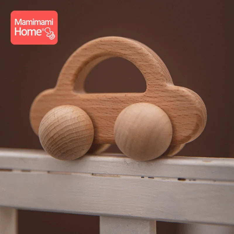 Beech Wood Car Teether – BPA-Free Wooden Baby Teething Toy, Montessori Cartoon Car, Eco-Friendly Baby Shower Gift