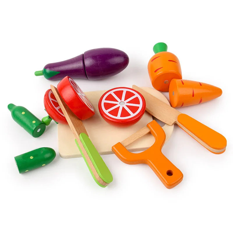 Wooden Pretend Play Kitchen Cutting Fruit and Vegetable Set – Montessori Educational Toy for Kids