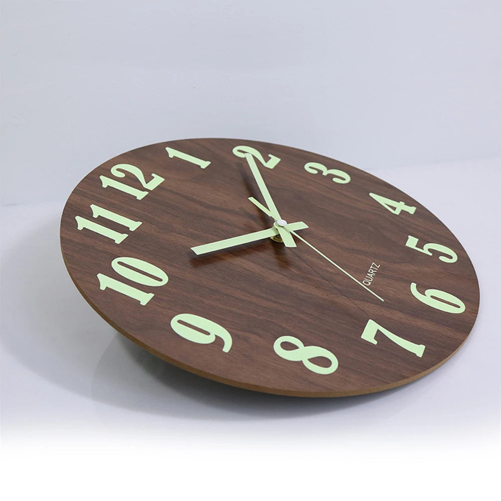 12-Inch (30 cm) Luminous Wooden Wall Clock - Silent Non-Ticking Nordic Night Light