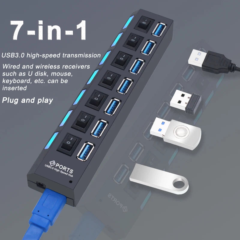 USB 3.0 Hub 4/7-Port Powered USB Splitter with On/Off Switch – High-Speed USB 3.0/2.0 Expander for PC & Laptop