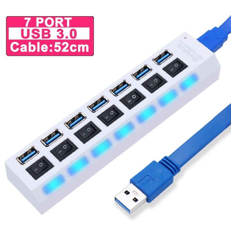 USB 3.0 Hub 4/7-Port Powered USB Splitter with On/Off Switch – High-Speed USB 3.0/2.0 Expander for PC & Laptop